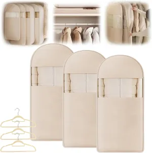 Taprinferior Hanging Garment Bag, Space Saving Hanging Garment Bag with Self Compression Zipper, Taprinferior Compression Bag for Suits, Dresses, Coats (Beige,3Pcs L)