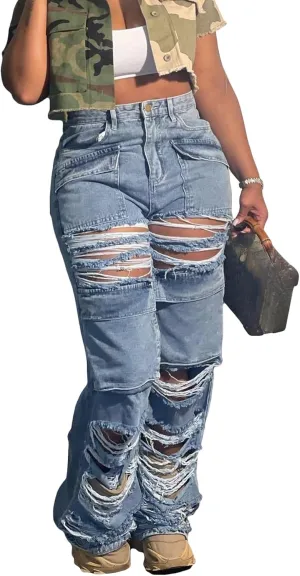 Tbahhir Distressed Ripped Cargo Jeans for Women High Waisted Baggy Wide Leg Boyfriend Y2K Streetwear Denim Pants Trendy