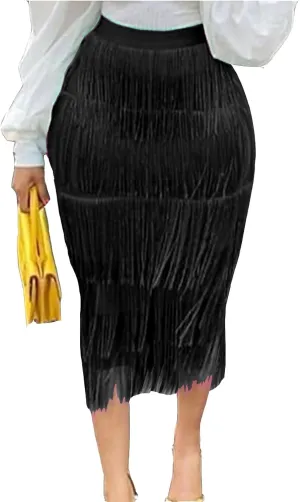 Tcremisa Women's Fringe Skirt High Waist Tassels Skirt Solid Stretchy Club Party Midi Skirts