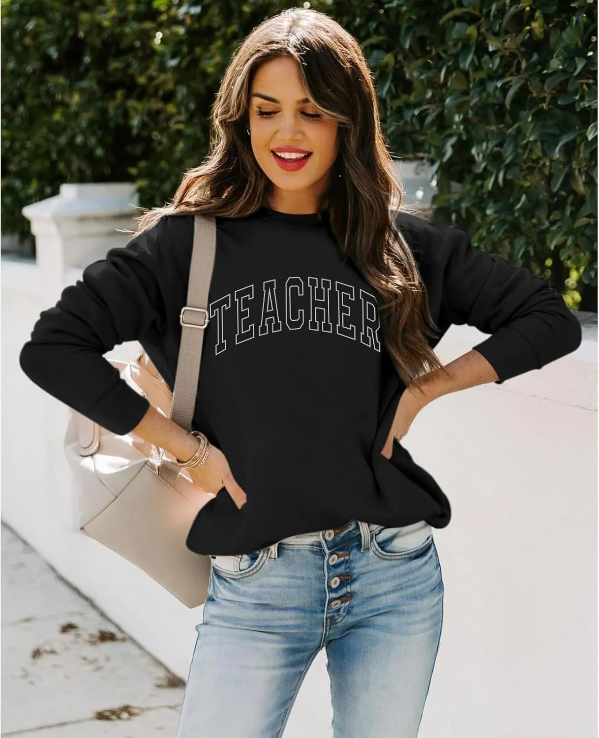 Teacher Sweatshirts for Women Cute Teacher Life Graphic Shirt Inspirational Long Sleeve Crewneck Loose Pullover Tops