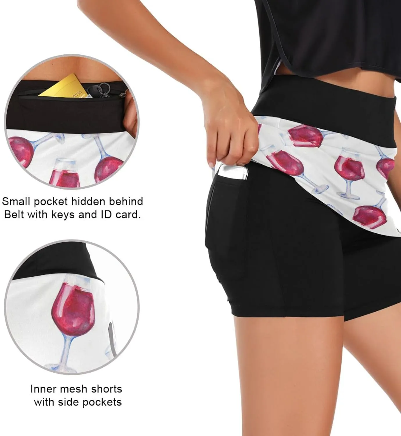Tennis Skirt for Women with Shorts Red Wine Glass Pattern Athletic Golf Skorts Workout Running Skirts S
