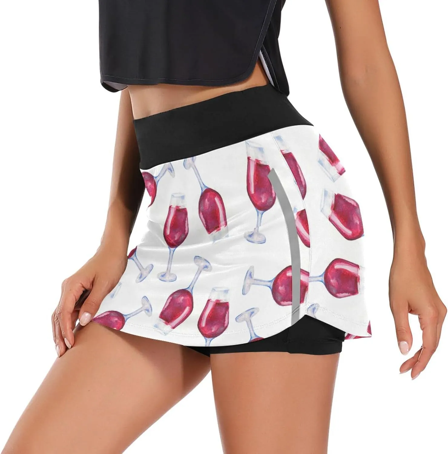 Tennis Skirt for Women with Shorts Red Wine Glass Pattern Athletic Golf Skorts Workout Running Skirts S