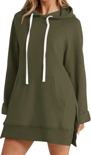 The Warmy Oversized Hoodie Dress, Warmy Hoodie, Women's Casual Pullover Split Hem Drawstring Long Sweatshirt with Pocket