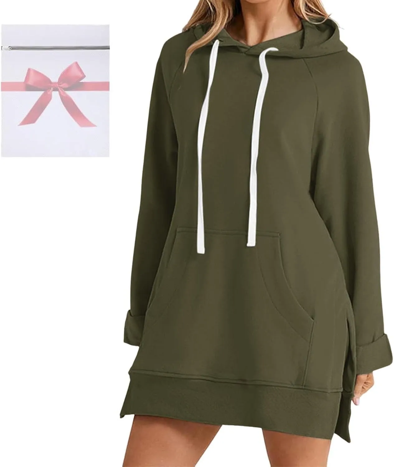 The Warmy Oversized Hoodie Dress, Warmy Hoodie, Women's Casual Pullover Split Hem Drawstring Long Sweatshirt with Pocket