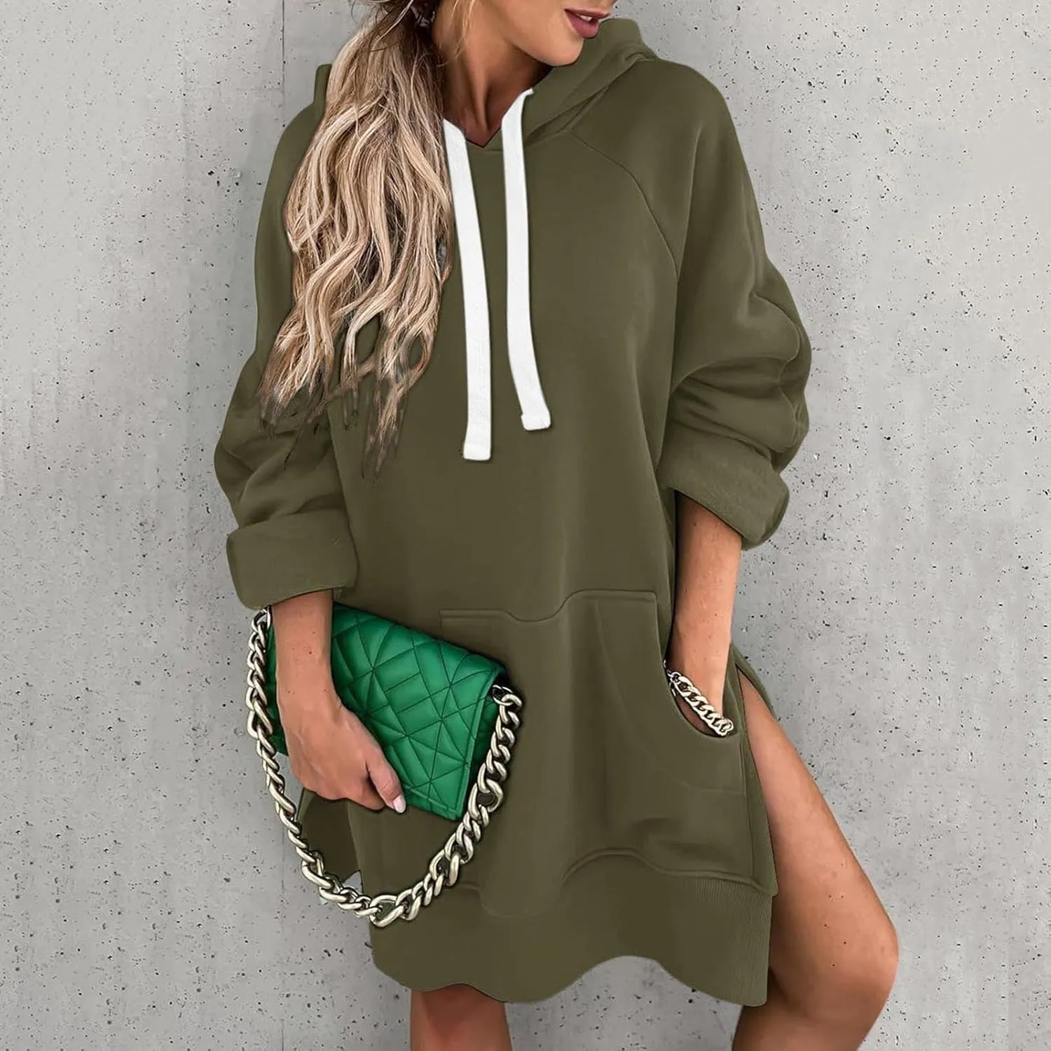 The Warmy Oversized Hoodie Dress, Warmy Hoodie, Women's Casual Pullover Split Hem Drawstring Long Sweatshirt with Pocket