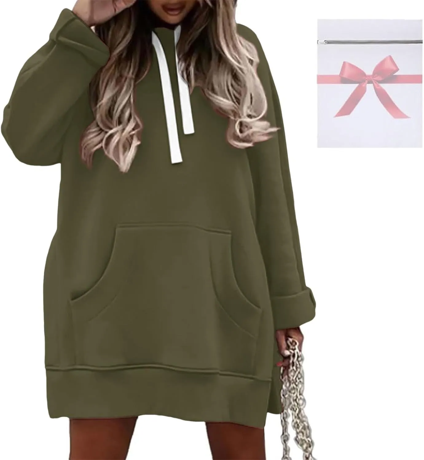 The Warmy Oversized Hoodie Dress, Warmy Hoodie, Women's Casual Pullover Split Hem Drawstring Long Sweatshirt with Pocket