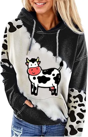 TIAFORD Women's Cute Cow Pullover Hoodies Casual Cow Print Long Sleeve Western Country Sweatshirt Top with Pocket