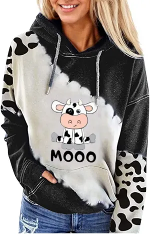 TIAFORD Women's Cute Cow Pullover Hoodies Casual Cow Print Long Sleeve Western Country Sweatshirt Top with Pocket