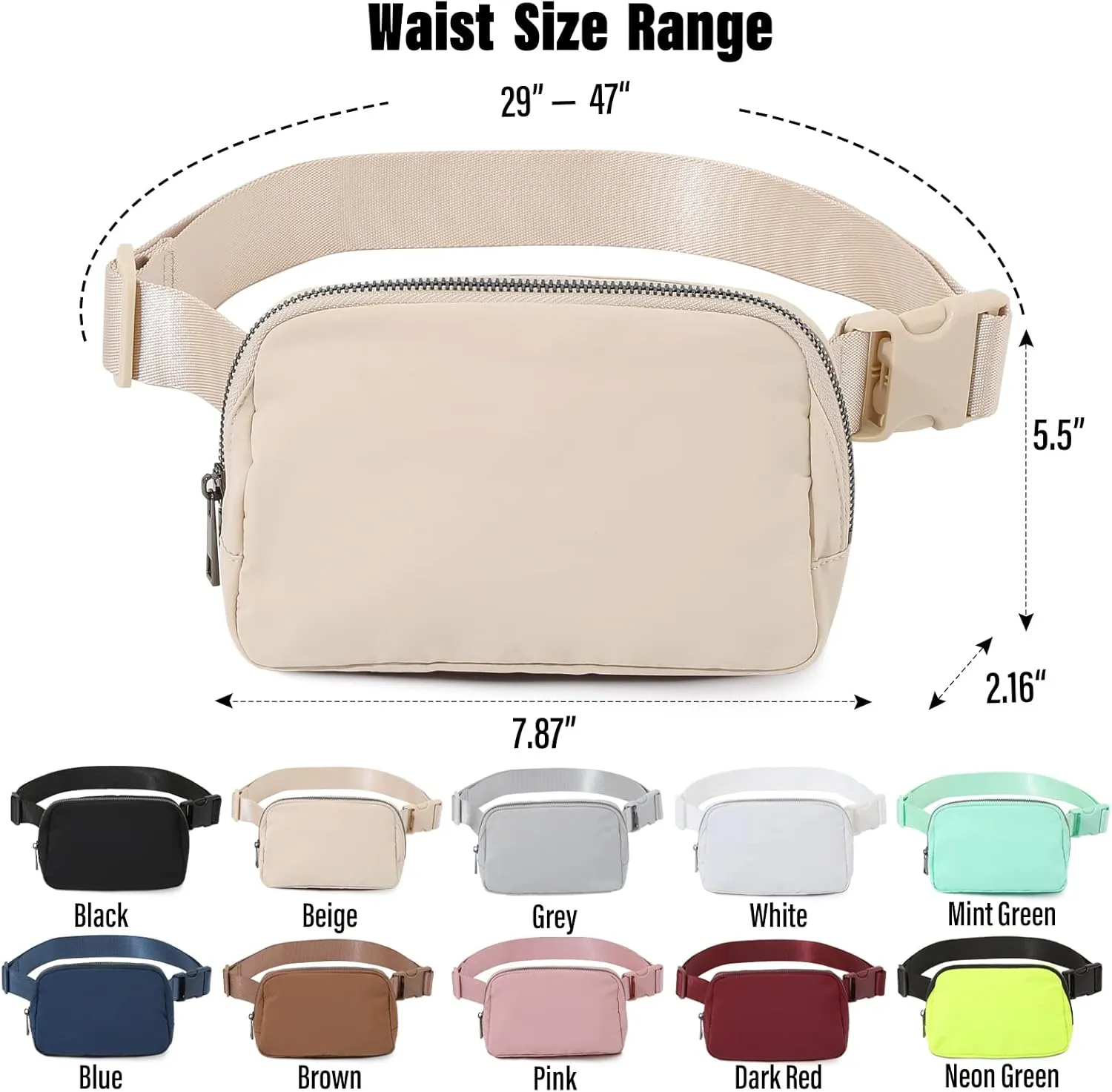 TOBVZOO Belt Bag Fanny Pack Crossbody Bags for Women Men, Everywhere, Water Resistant Waist Packs, Beige