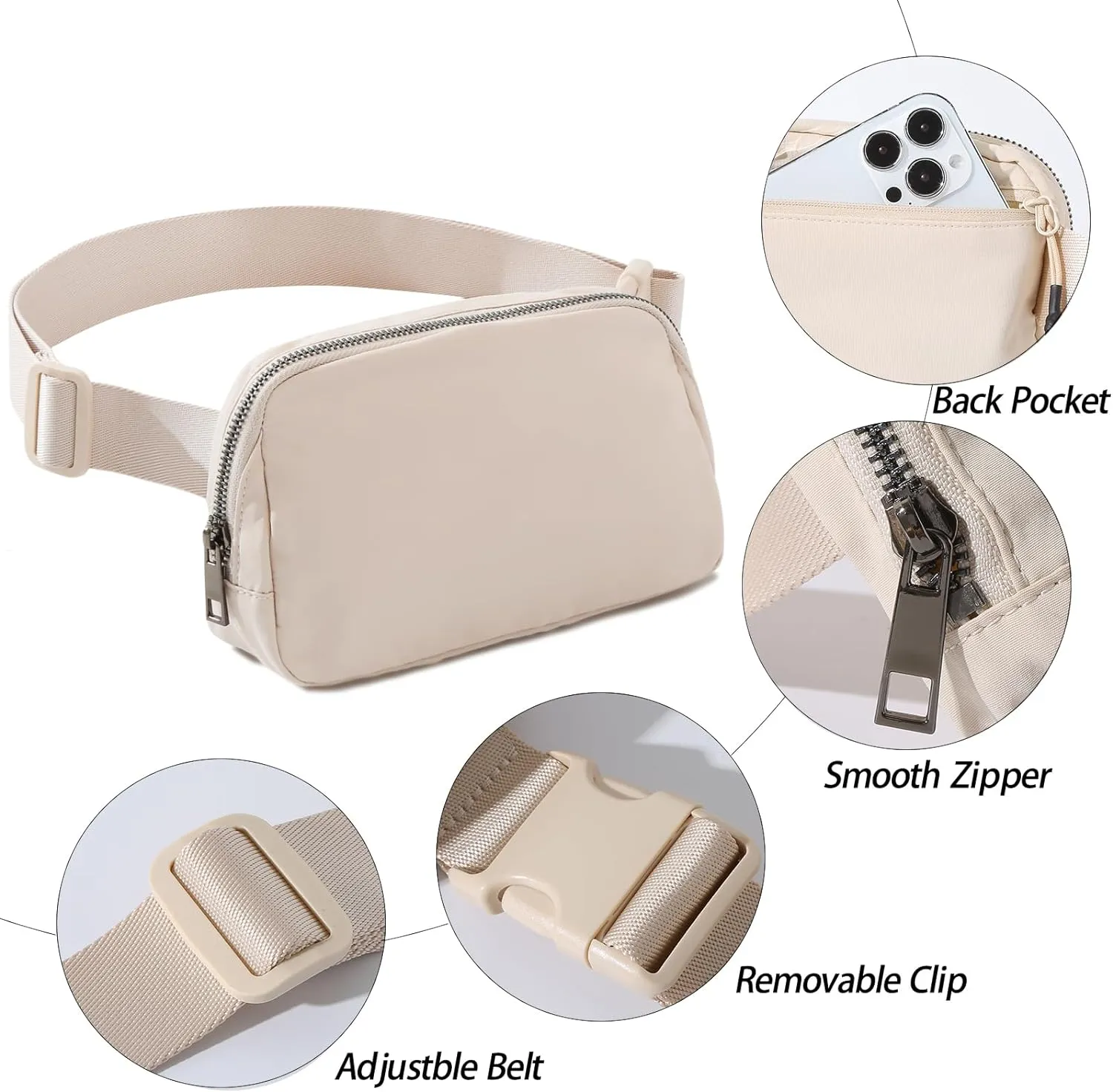 TOBVZOO Belt Bag Fanny Pack Crossbody Bags for Women Men, Everywhere, Water Resistant Waist Packs, Beige