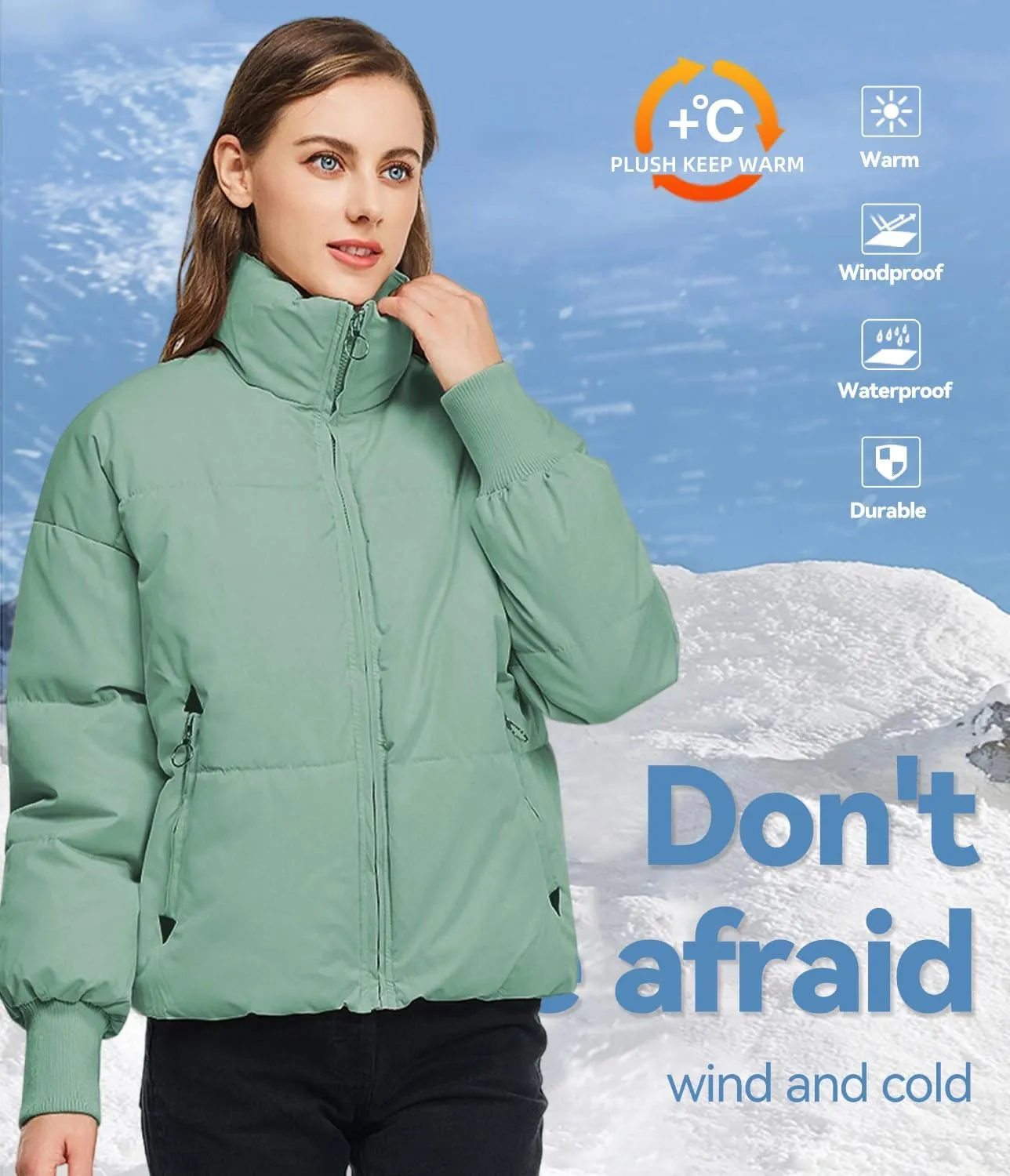 TRATENBY Women's Winter Pockets Baggy Short Down Jacket Cropped Puffer Long Sleeve Zip Coats