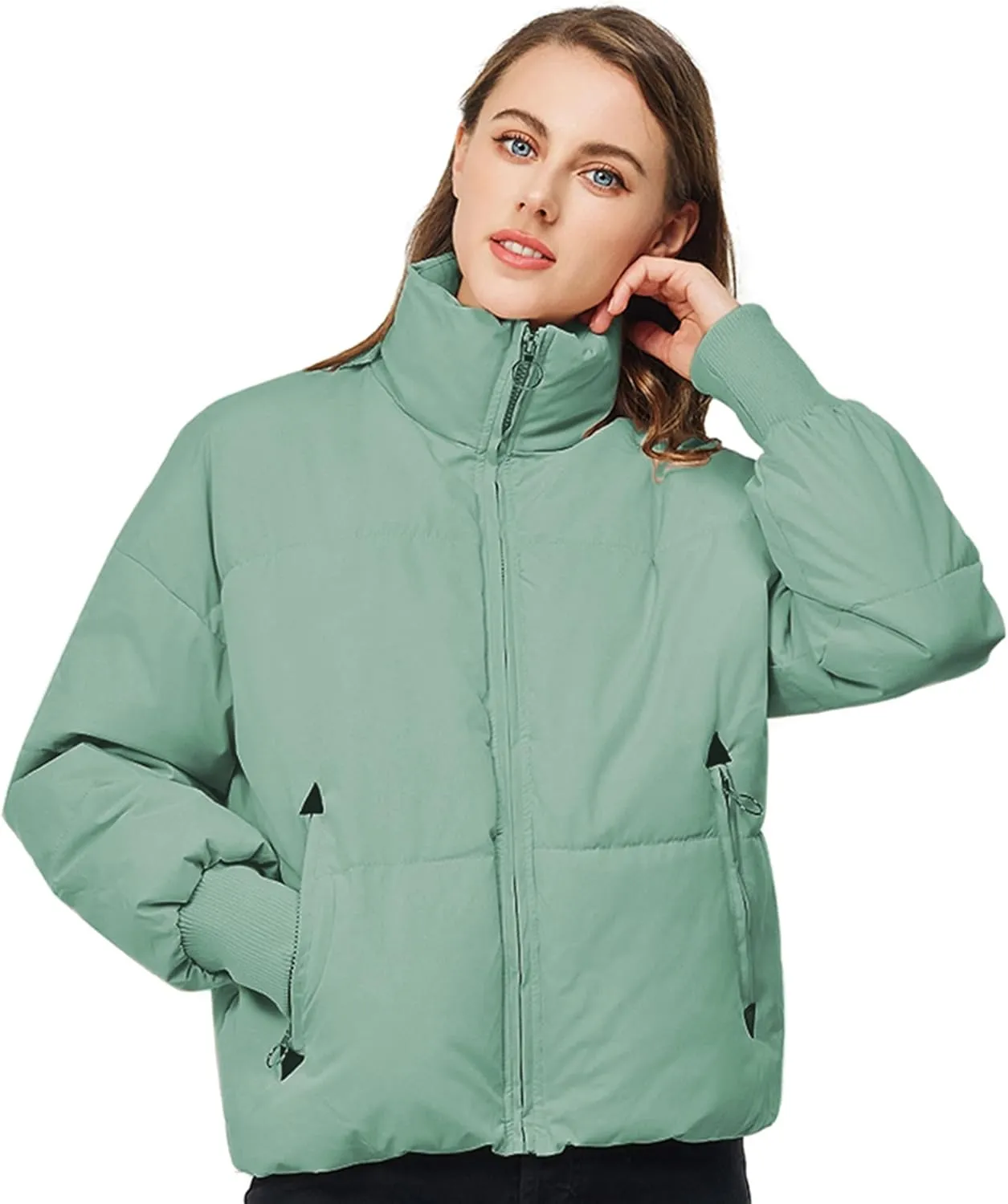 TRATENBY Women's Winter Pockets Baggy Short Down Jacket Cropped Puffer Long Sleeve Zip Coats