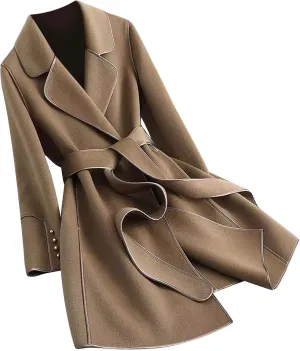 Trench Coat Women Winter Elegant Open Front Pea Coat Notch Lapel Belted Coats Causal Long Sleeve Peacoat