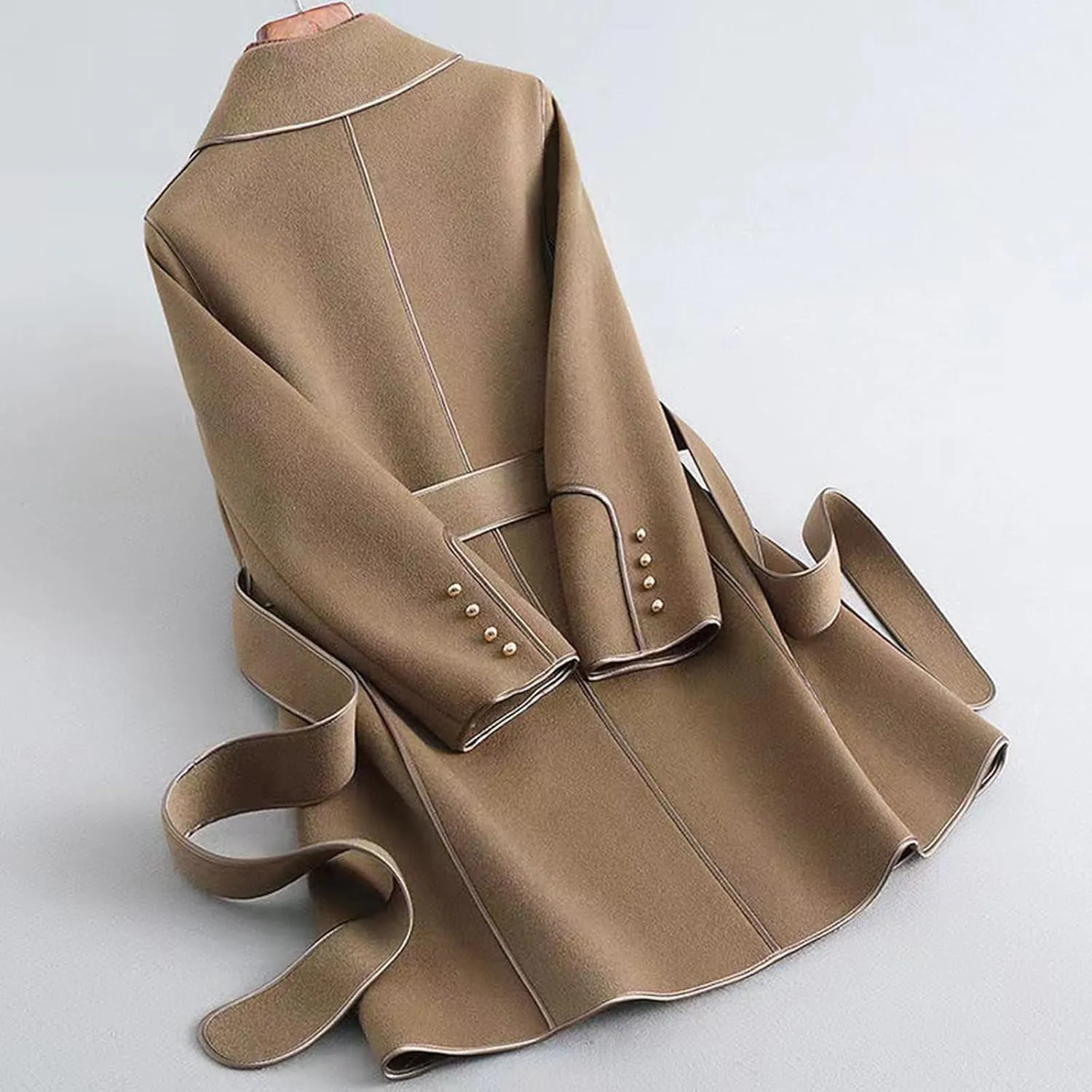Trench Coat Women Winter Elegant Open Front Pea Coat Notch Lapel Belted Coats Causal Long Sleeve Peacoat