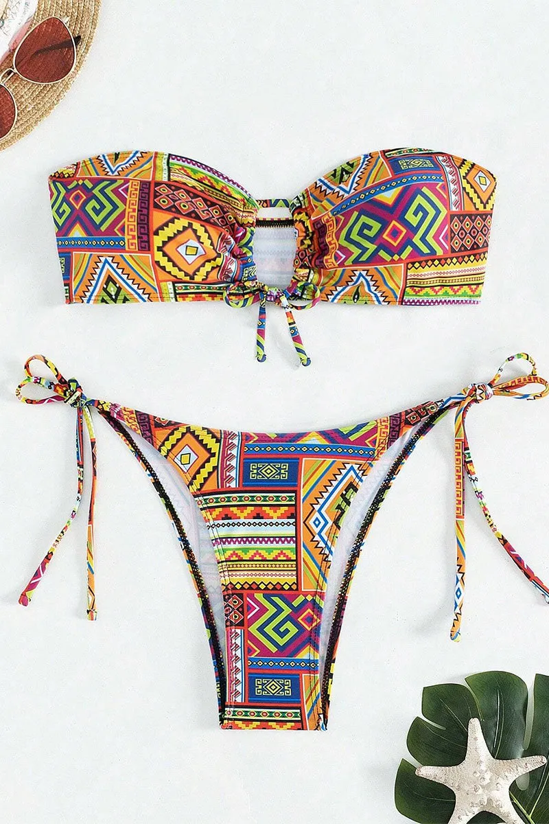 Tribal Geometric Print Retro Strapless Lace-Up Bikini