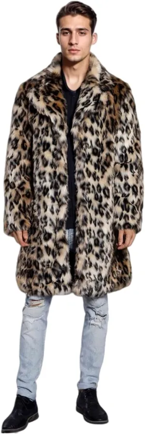 UMREN Men's Luxury Faux Fur Coat Jacket Winter Warm Long Coats Overwear Outwear (Large, Leopard)