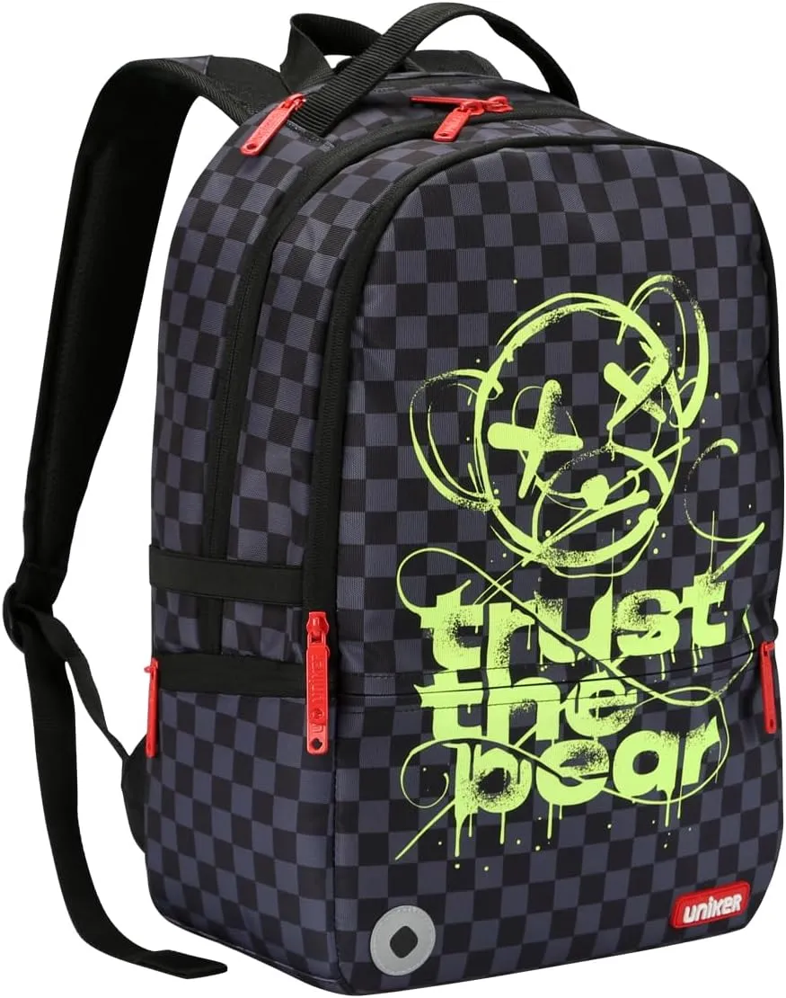 UNIKER Graffiti Backpack, Designer Laptop Backpack for 15.6 Inch Work,Water Resistant Backpack Computer Bag,CheckeredBear