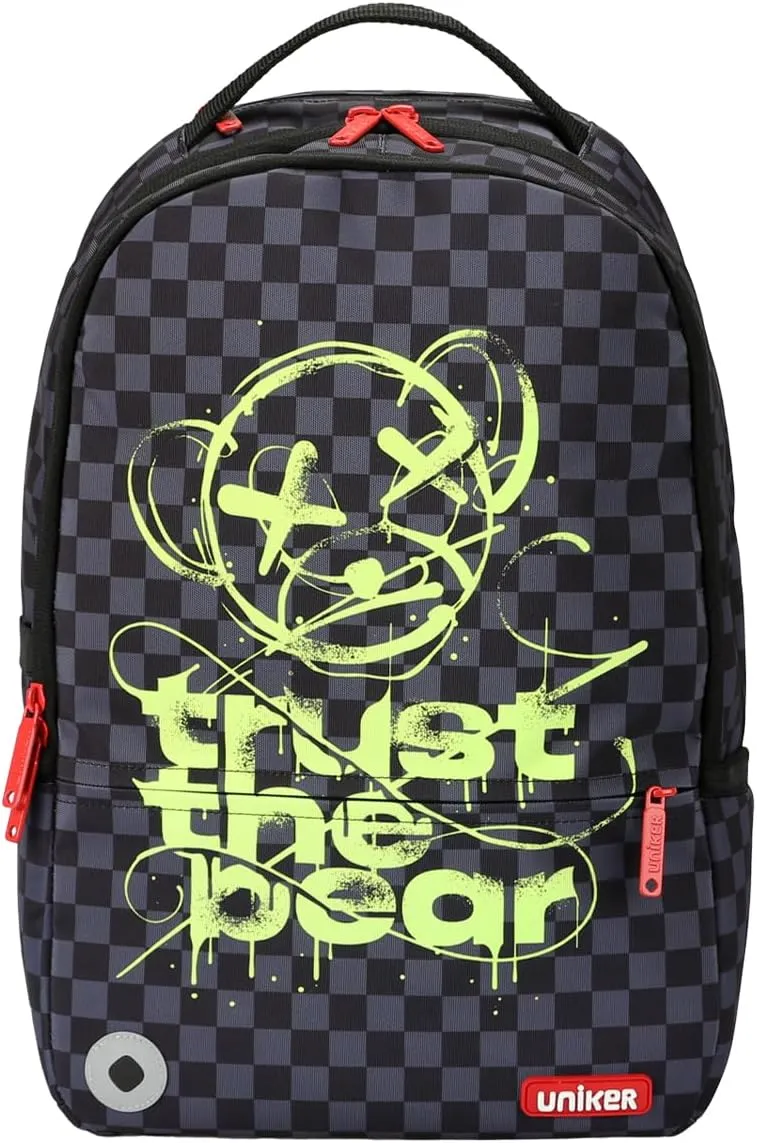 UNIKER Graffiti Backpack, Designer Laptop Backpack for 15.6 Inch Work,Water Resistant Backpack Computer Bag,CheckeredBear