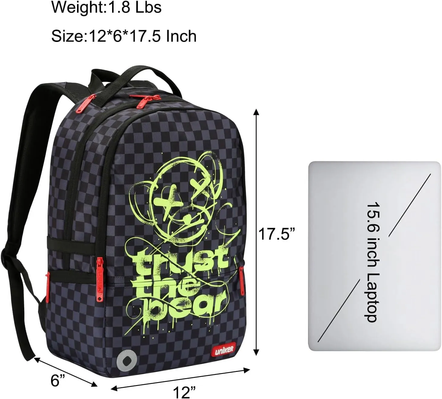 UNIKER Graffiti Backpack, Designer Laptop Backpack for 15.6 Inch Work,Water Resistant Backpack Computer Bag,CheckeredBear