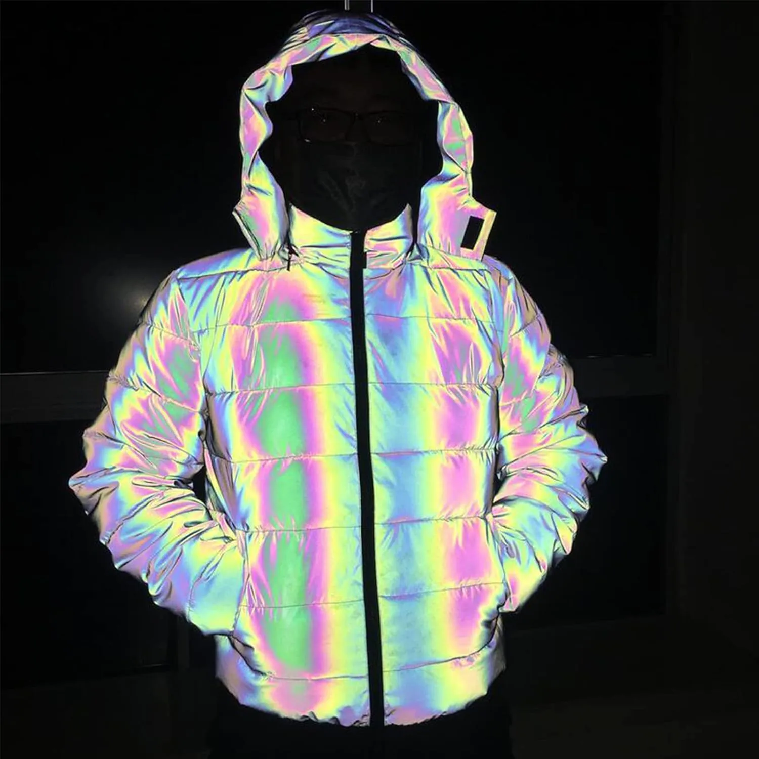 Unisex Rainbow Reflective Winter Warm Jacket Coat Thickened Cotton Padded Outwear Hip Hop Windproof Hooded Parka