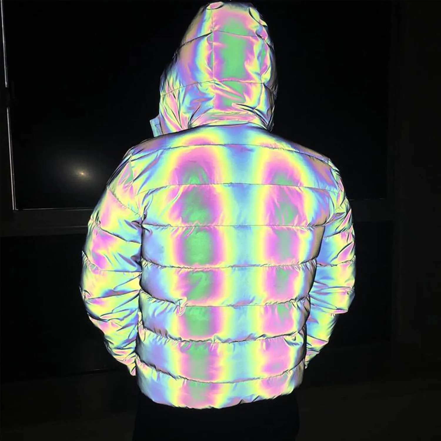 Unisex Rainbow Reflective Winter Warm Jacket Coat Thickened Cotton Padded Outwear Hip Hop Windproof Hooded Parka