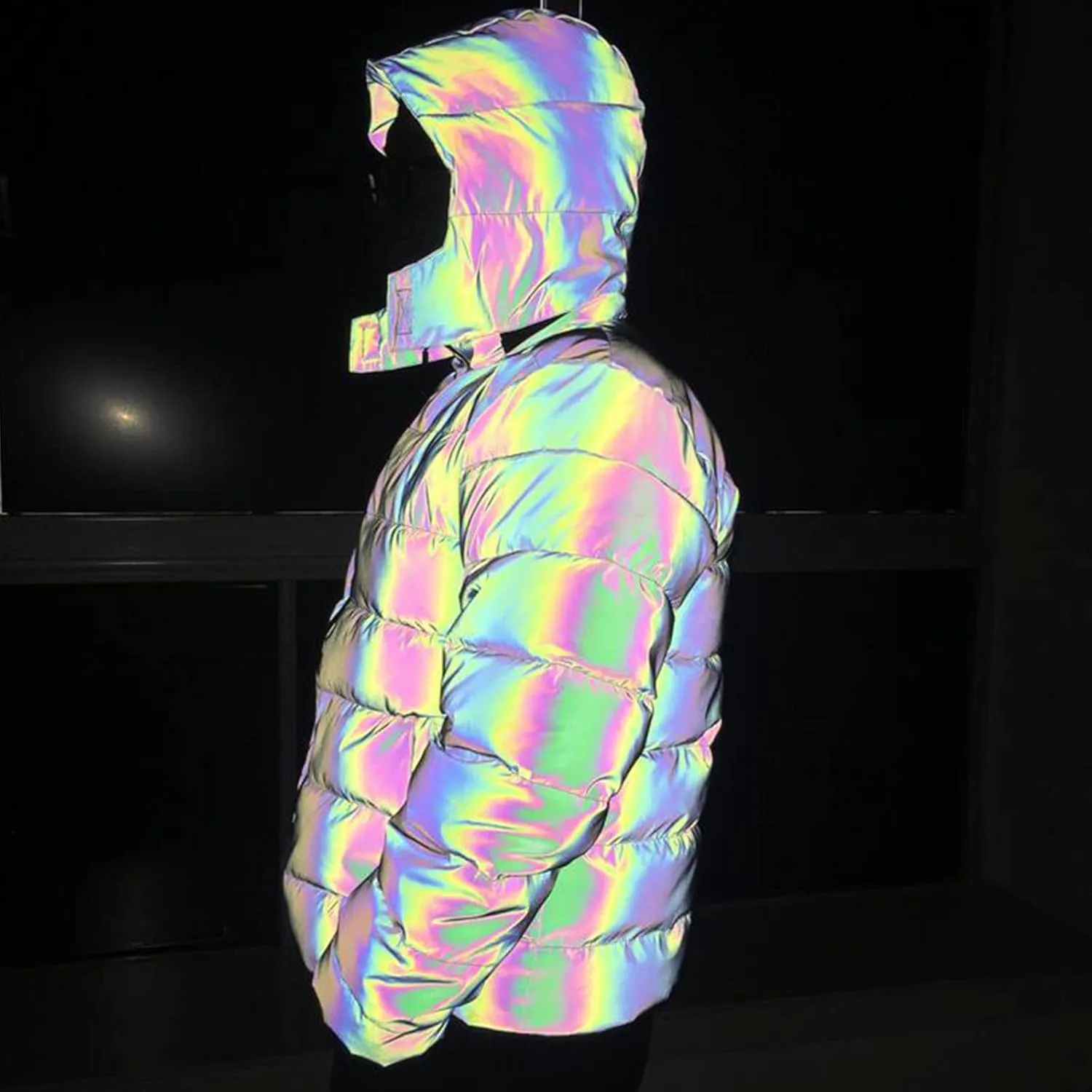 Unisex Rainbow Reflective Winter Warm Jacket Coat Thickened Cotton Padded Outwear Hip Hop Windproof Hooded Parka