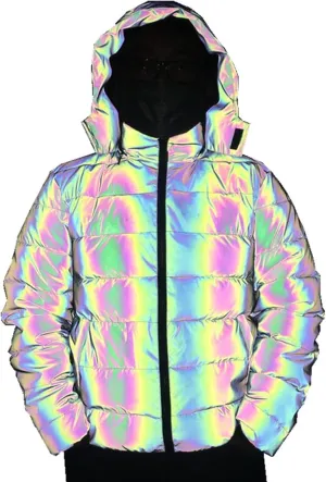 Unisex Rainbow Reflective Winter Warm Jacket Coat Thickened Cotton Padded Outwear Hip Hop Windproof Hooded Parka