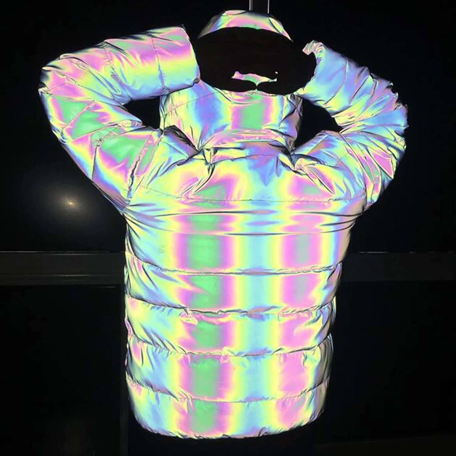 Unisex Rainbow Reflective Winter Warm Jacket Coat Thickened Cotton Padded Outwear Hip Hop Windproof Hooded Parka