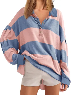 utcoco Oversized Sweatshirt for Women Striped Color Block Button Up Long Sleeve Shirts Hoodies Preppy Y2K Tops