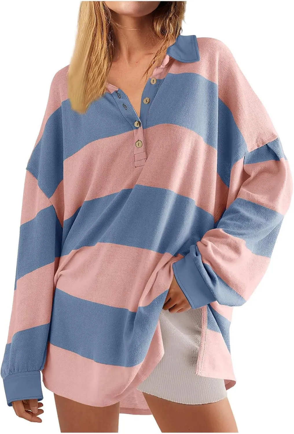 utcoco Oversized Sweatshirt for Women Striped Color Block Button Up Long Sleeve Shirts Hoodies Preppy Y2K Tops