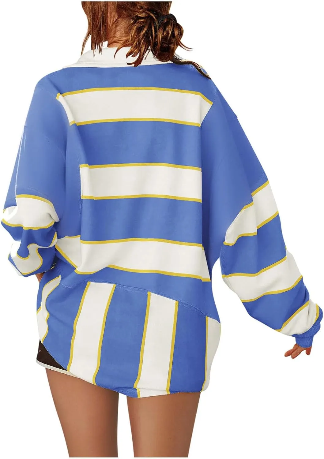 utcoco Oversized Sweatshirt for Women Striped V Neck Long Sleeve Shirts Hoodies Color Block Preppy Y2K Tops