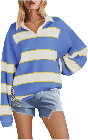 utcoco Oversized Sweatshirt for Women Striped V Neck Long Sleeve Shirts Hoodies Color Block Preppy Y2K Tops