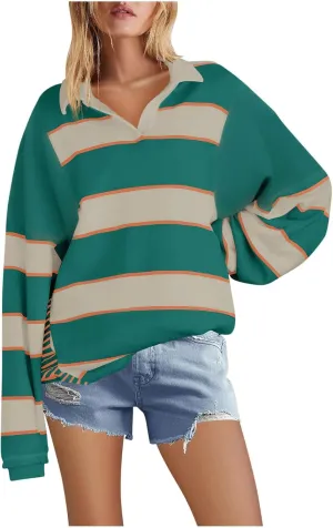 utcoco Oversized Sweatshirt for Women Striped V Neck Long Sleeve Shirts Hoodies Color Block Preppy Y2K Tops