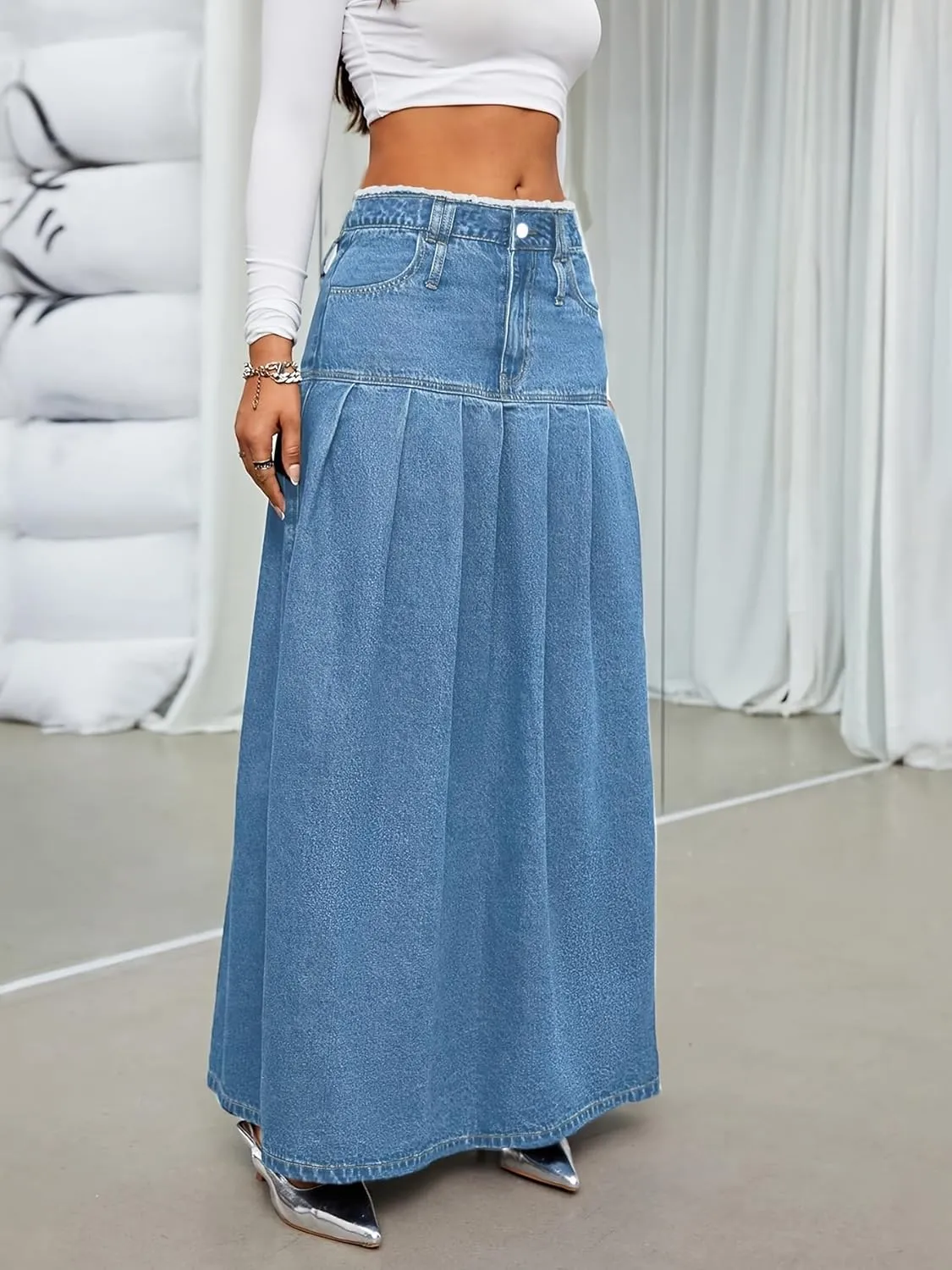 utcoco Womens Retro Midi Denim Skirt High Waist A-line Pleated Long Jean Skirts