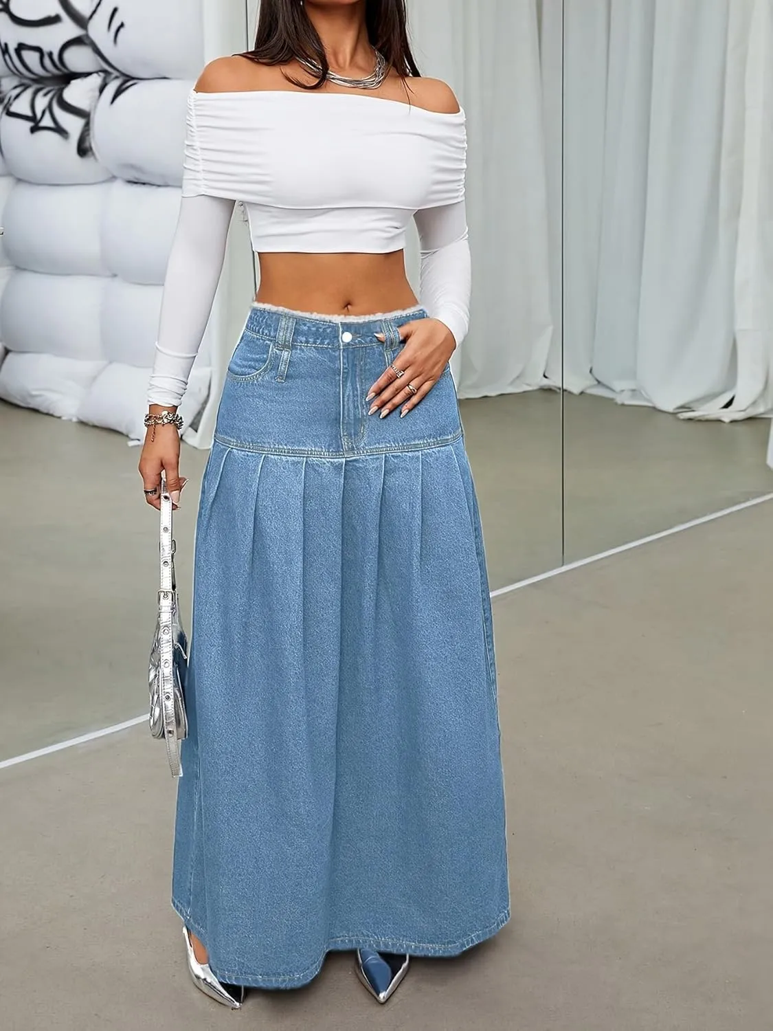 utcoco Womens Retro Midi Denim Skirt High Waist A-line Pleated Long Jean Skirts