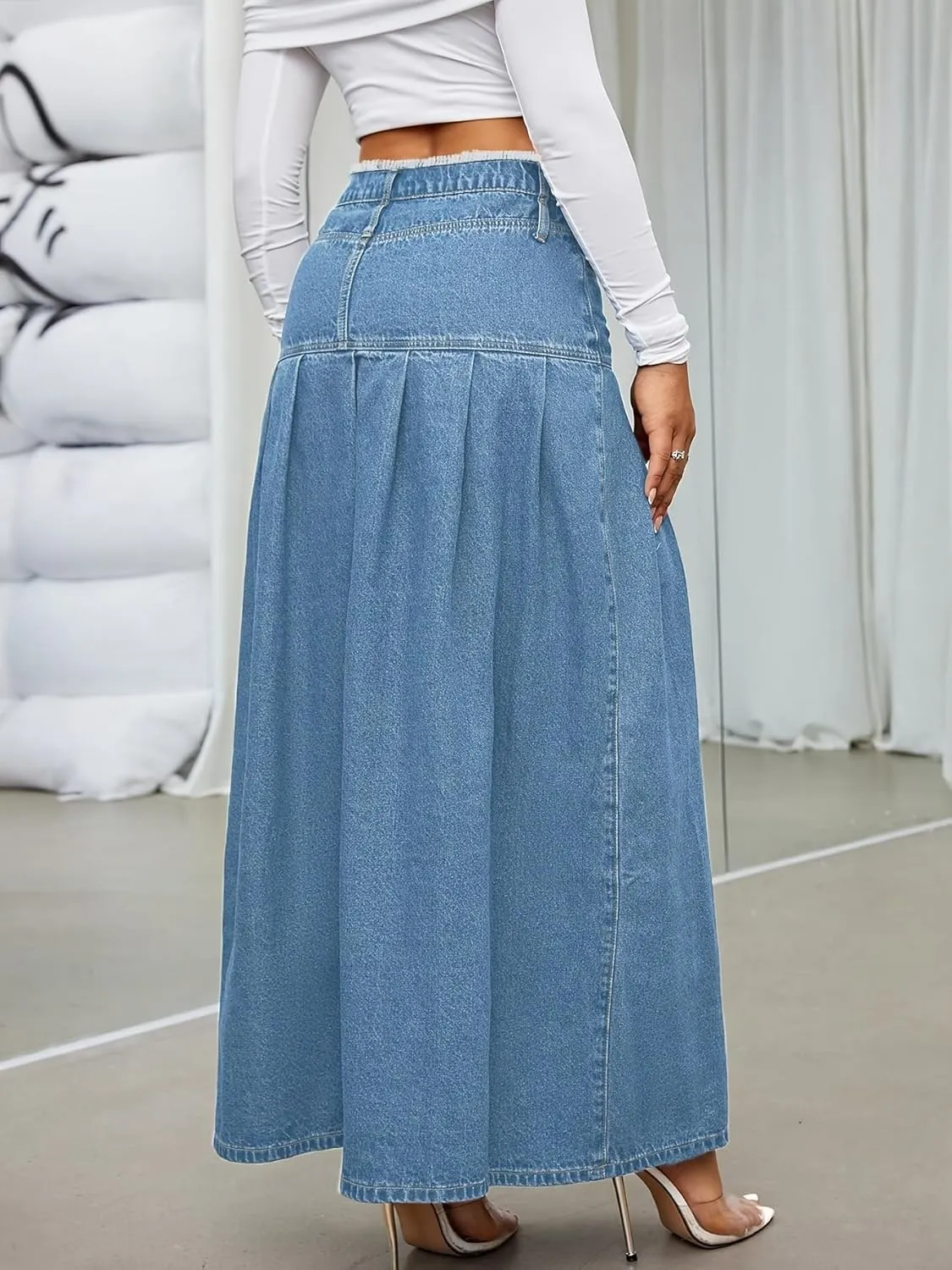 utcoco Womens Retro Midi Denim Skirt High Waist A-line Pleated Long Jean Skirts