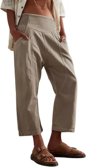 utcoco Womens Smocked Mid Rise Barrel Jeans Y2k Vintage Baggy Wide Leg Jeans Cropped Denim Harem Pants