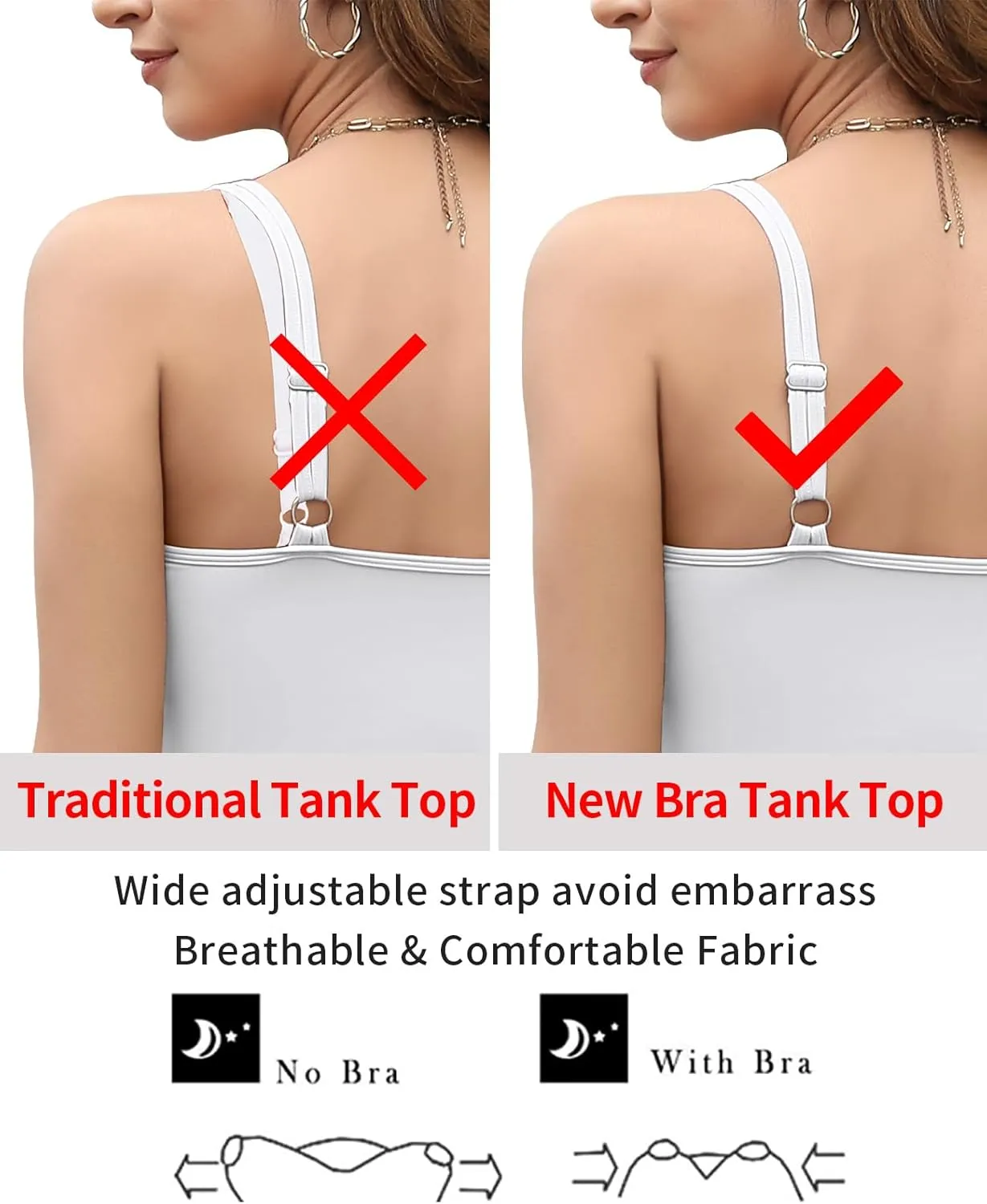 V FOR CITY Women's Tank Top with Built in Bras Adjustable Wide Strap Padded Camisole Summer Cami Shirts