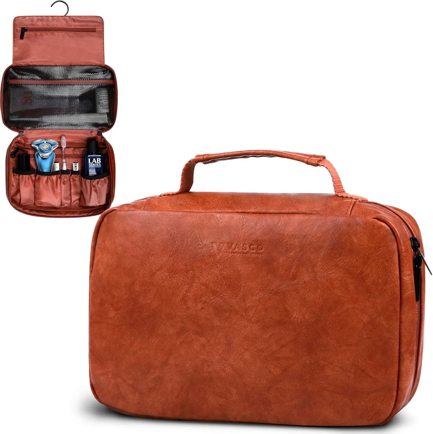 VASCO Hanging Toiletry Bag for Women & Men  Toiletry Kit, Water-Resistant Travel Organizer Brown (Eco Leather)