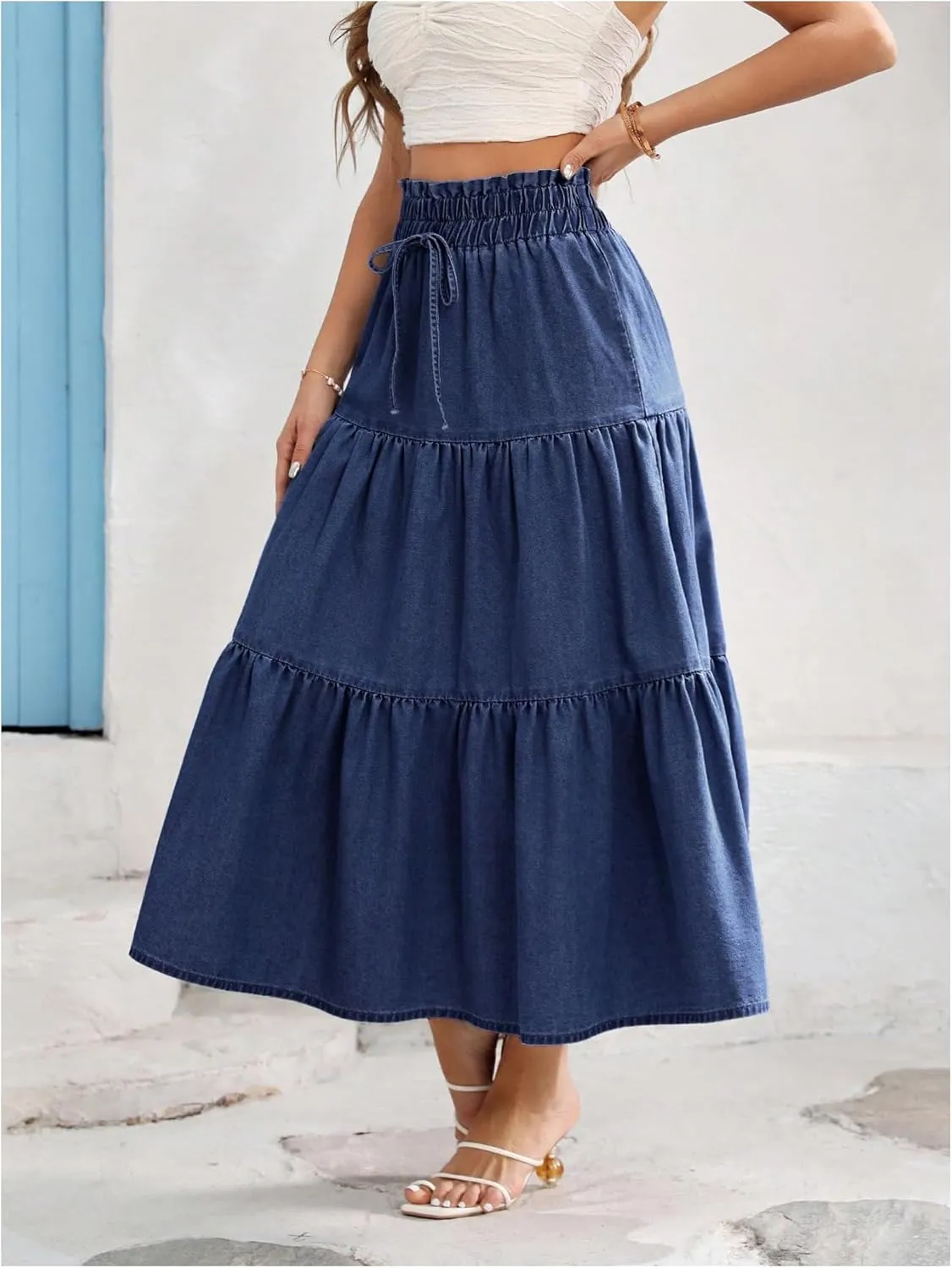 Verdusa Women's Bow Tie Tiered Ruffle Midi Denim Skirt Paperbag Waist Flowy Long Jean Skirt