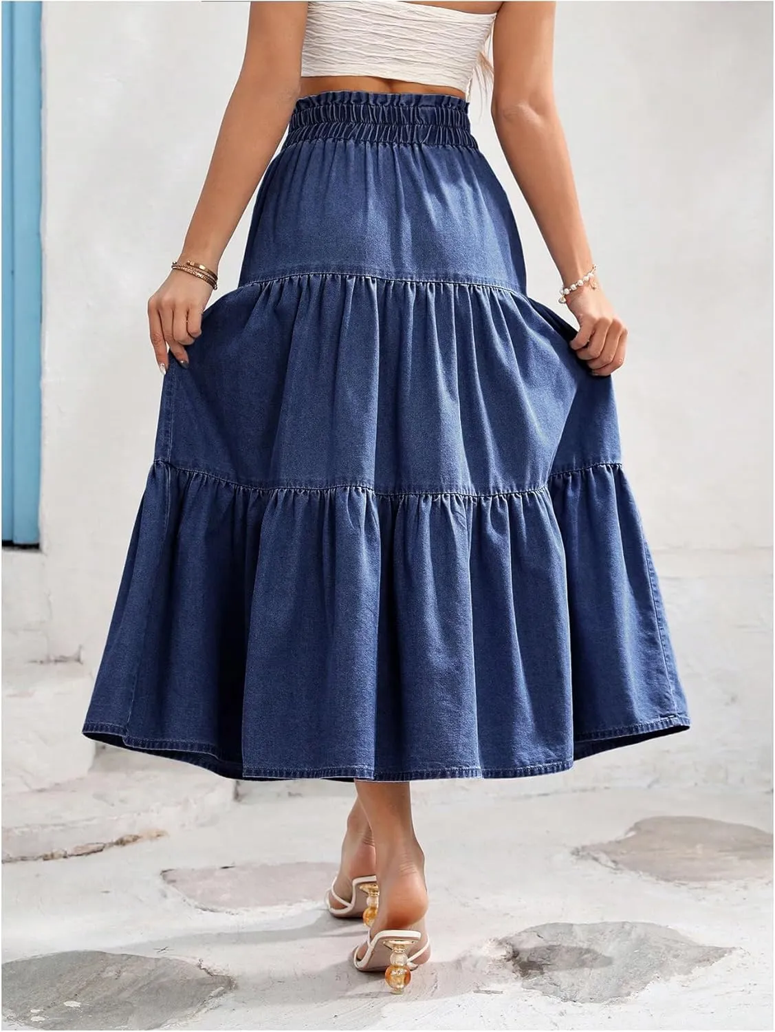 Verdusa Women's Bow Tie Tiered Ruffle Midi Denim Skirt Paperbag Waist Flowy Long Jean Skirt