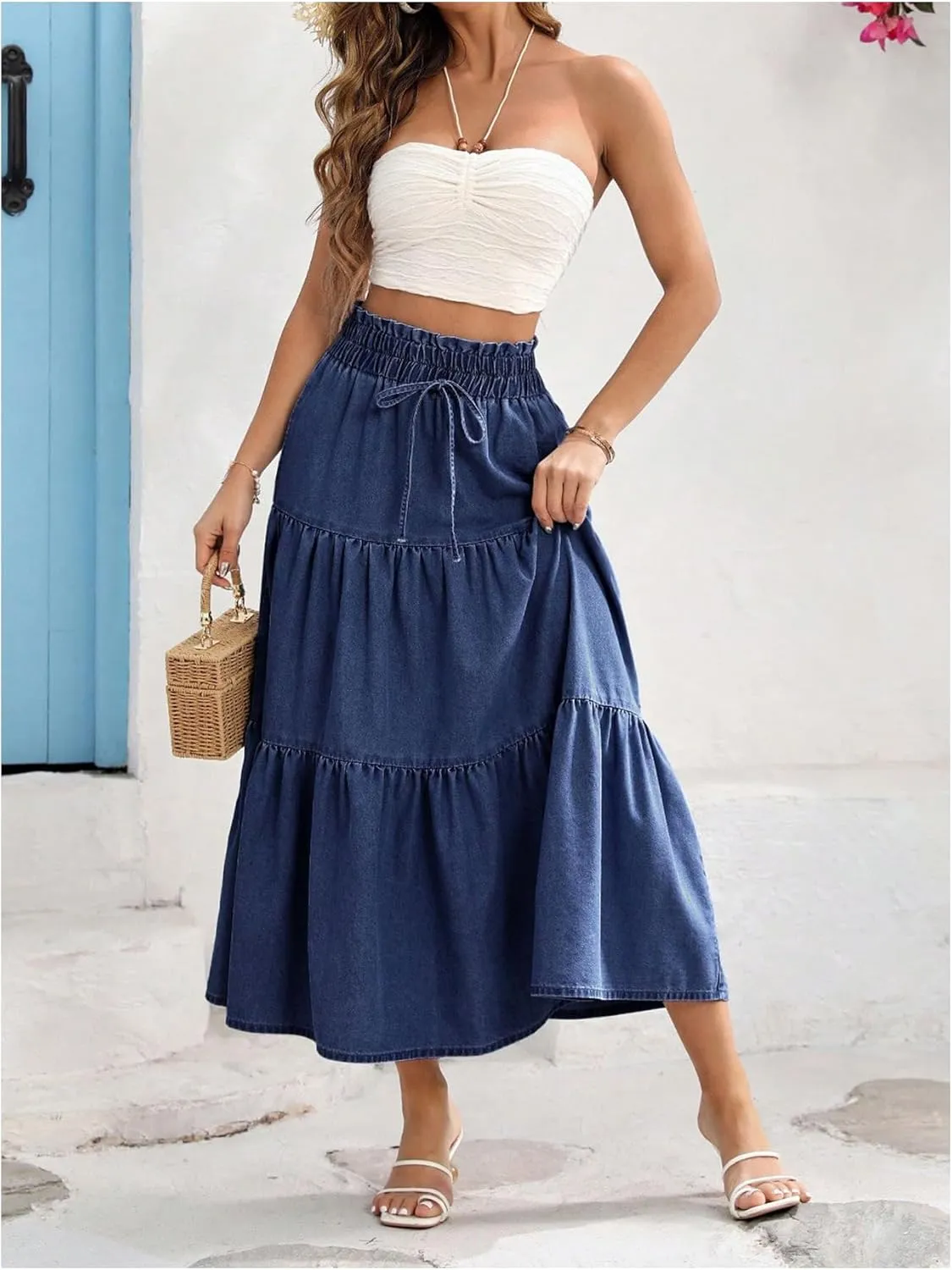 Verdusa Women's Bow Tie Tiered Ruffle Midi Denim Skirt Paperbag Waist Flowy Long Jean Skirt