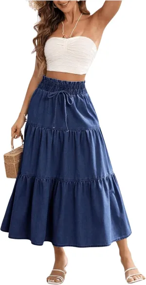 Verdusa Women's Bow Tie Tiered Ruffle Midi Denim Skirt Paperbag Waist Flowy Long Jean Skirt