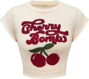 Verdusa Women's Cherry Print Cap Sleeve Sweater Vest Y2k Round Neck Fitted Knit Crop Top