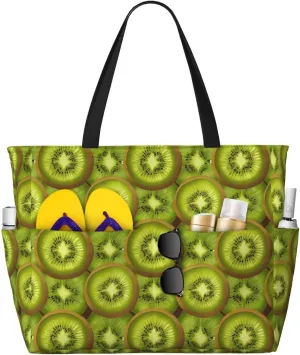 Vibrant Kiwi Slices Print 28L Beach Tote Bag, Water-resistant Travel Tote, Lightweight Gym & Camping Carryall