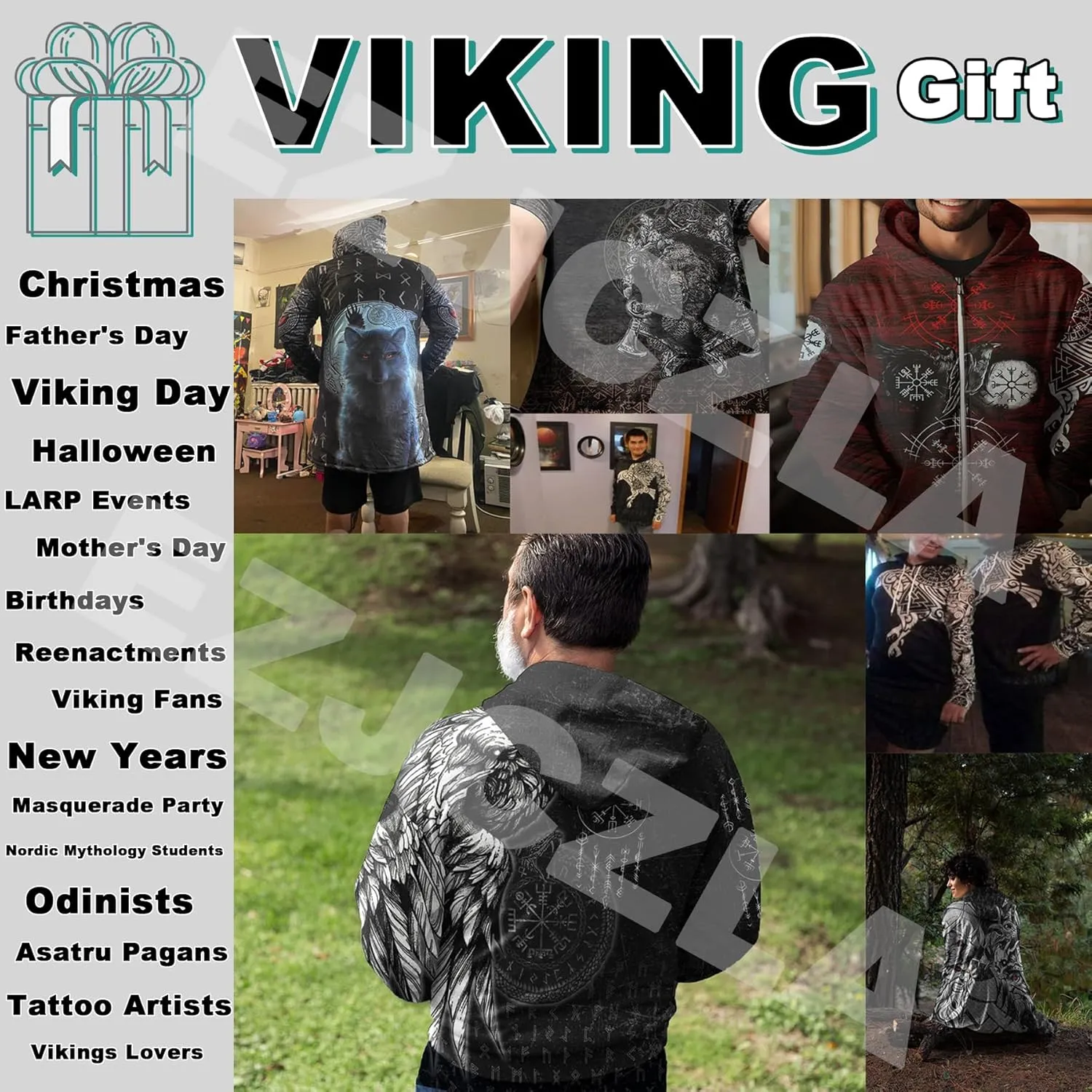 Viking Tattoo 3D Printed Cloaks Winter Coats with Hood for Men, Norse Mythology Novelty Fleece Lining Thick Parka Jacket