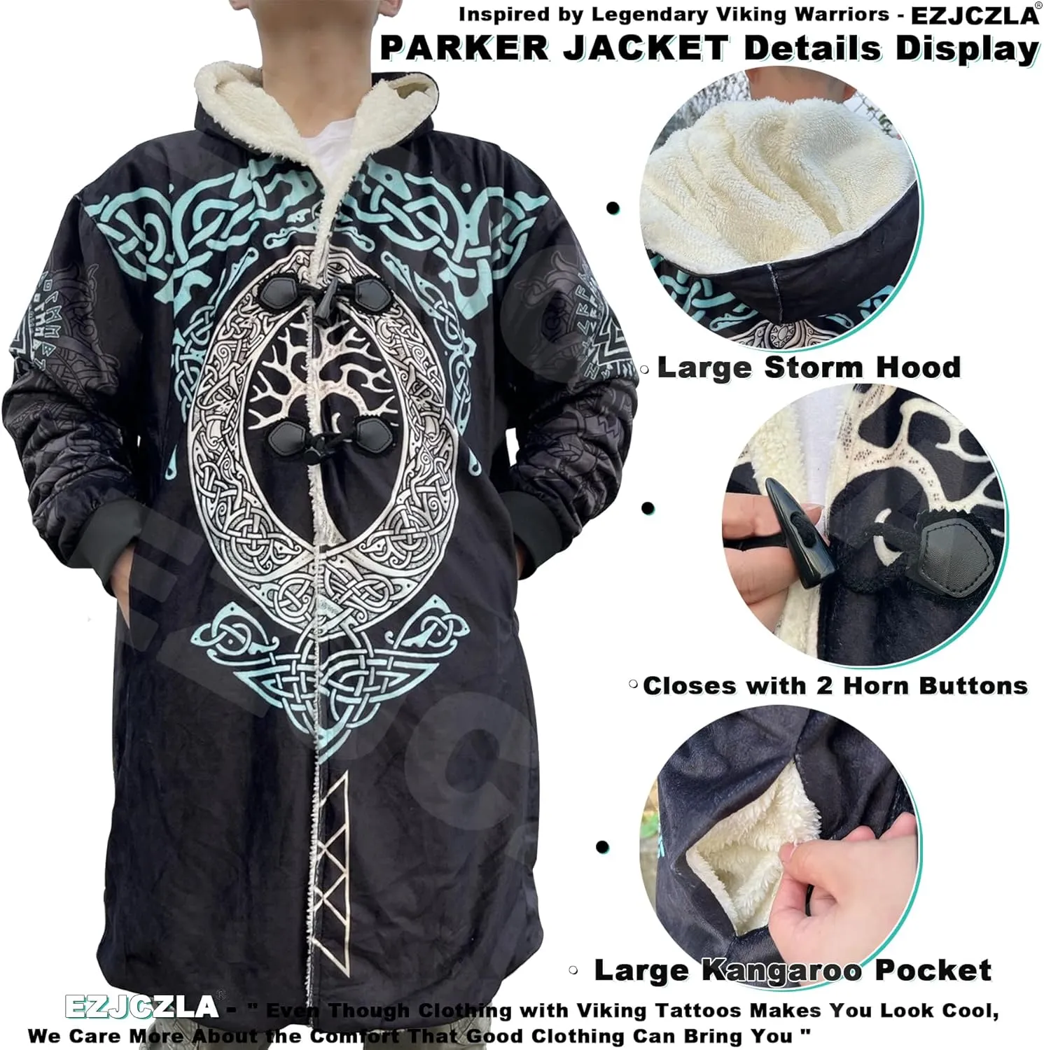 Viking Tattoo 3D Printed Cloaks Winter Coats with Hood for Men, Norse Mythology Novelty Fleece Lining Thick Parka Jacket