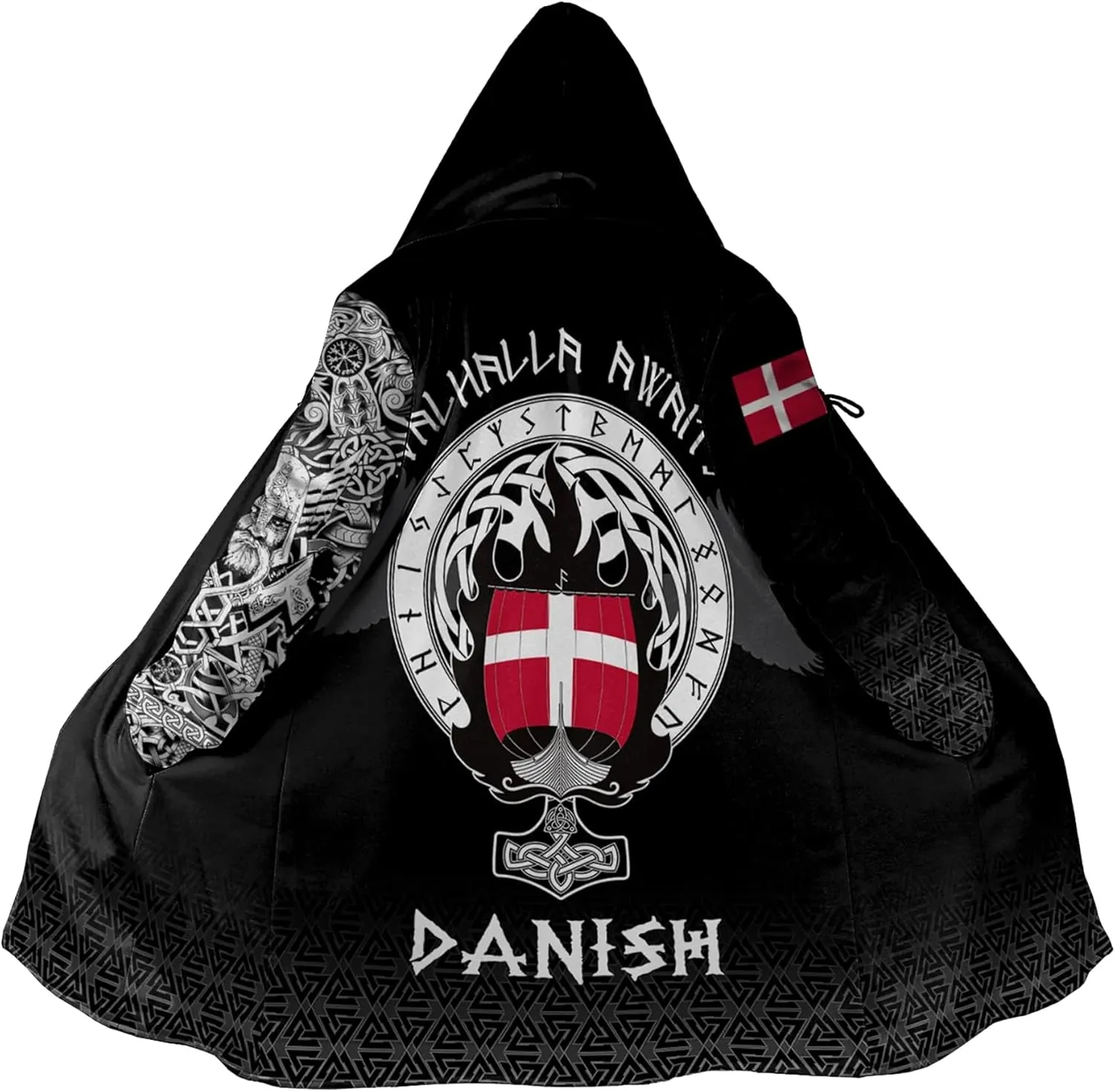 Viking Tattoo 3D Printed Cloaks Winter Coats with Hood for Men, Norse Mythology Novelty Fleece Lining Thick Parka Jacket