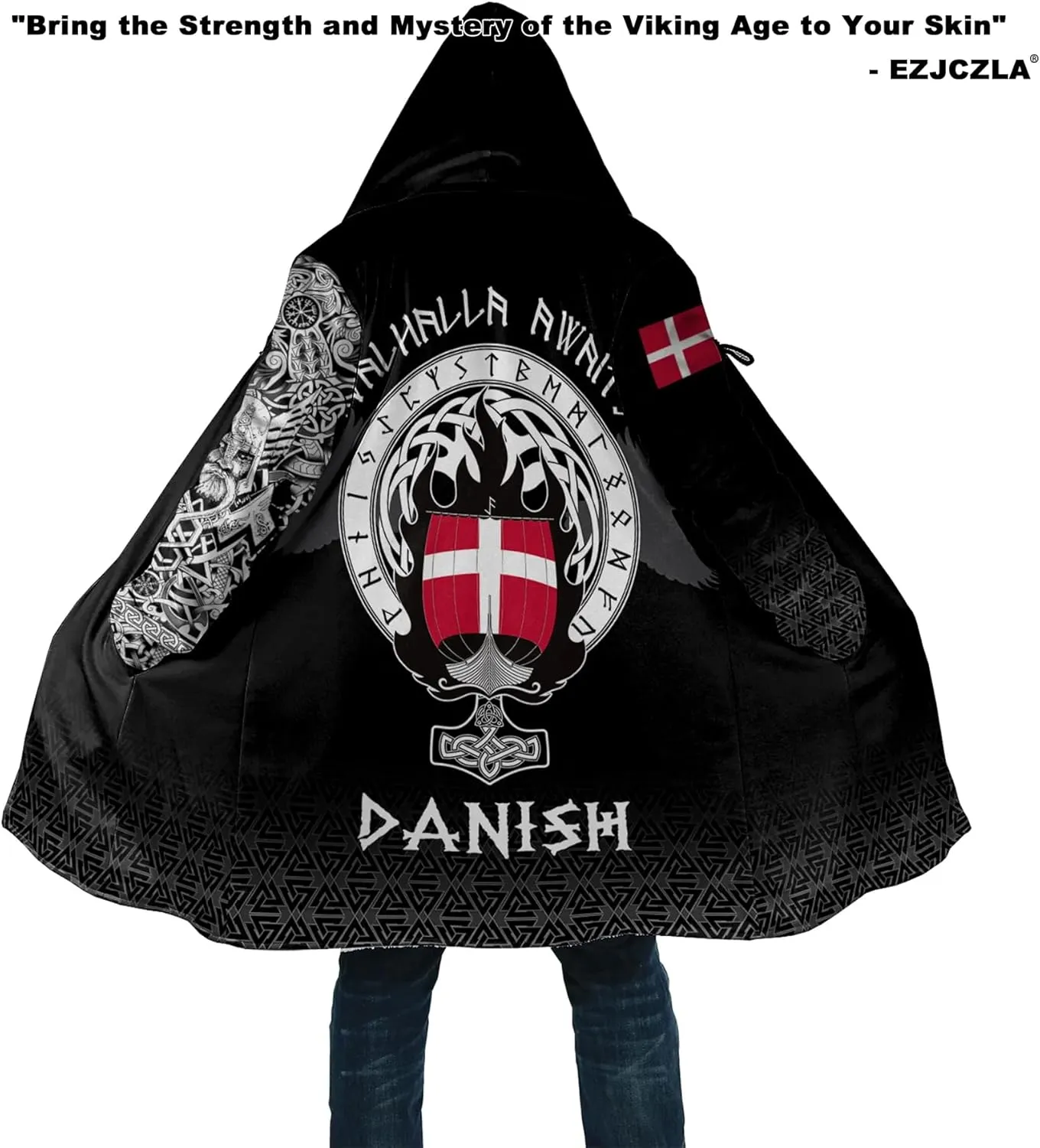 Viking Tattoo 3D Printed Cloaks Winter Coats with Hood for Men, Norse Mythology Novelty Fleece Lining Thick Parka Jacket