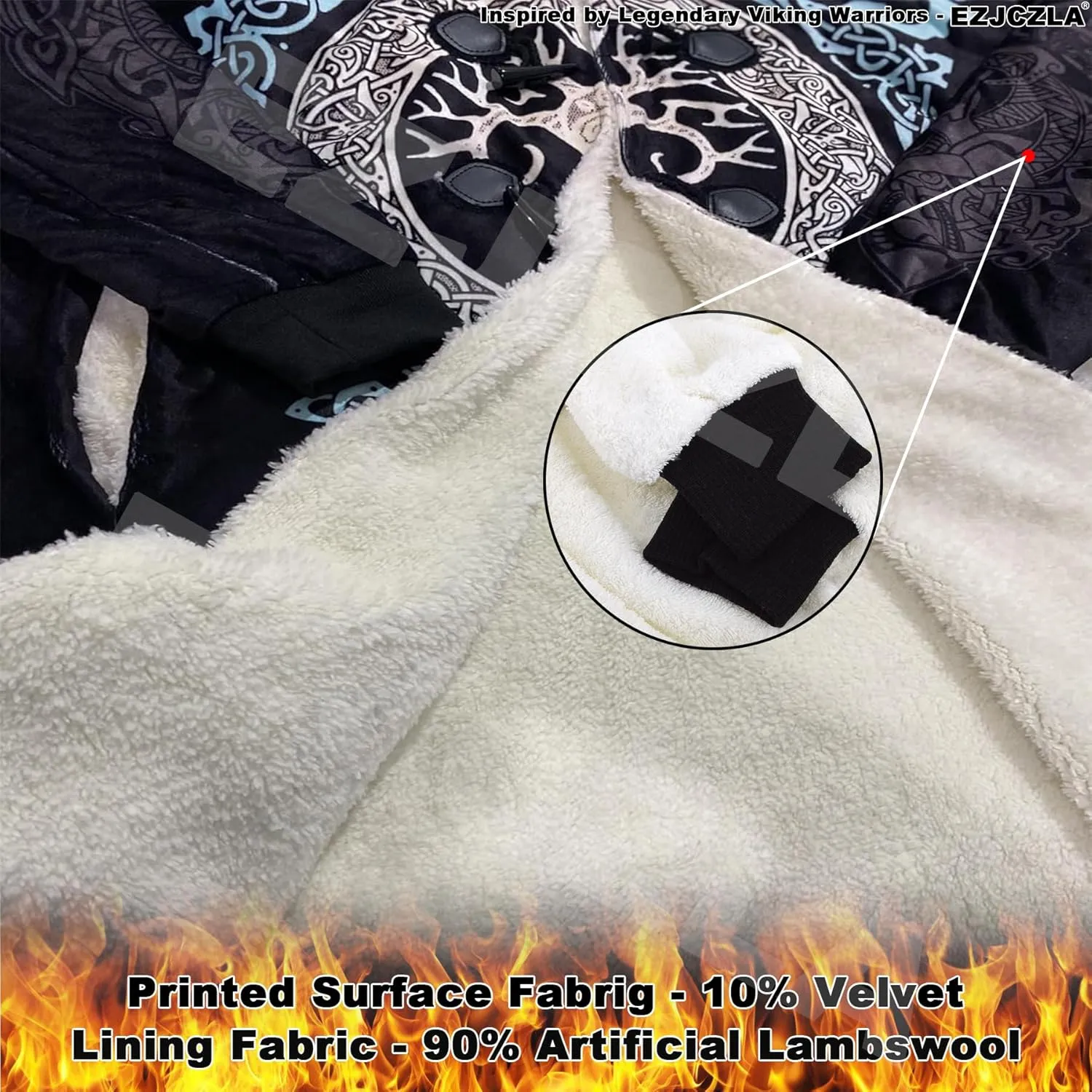 Viking Tattoo 3D Printed Cloaks Winter Coats with Hood for Men, Norse Mythology Novelty Fleece Lining Thick Parka Jacket